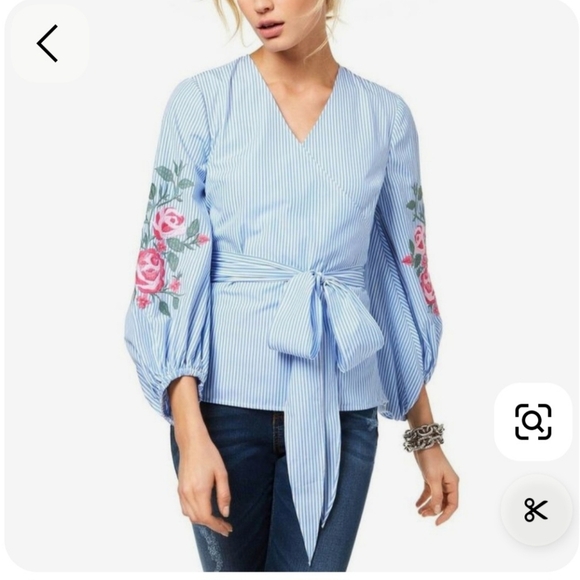 INC International Concepts Blue Striped Pink Floral Balloon Sleeve Blouse Medium - Picture 1 of 12